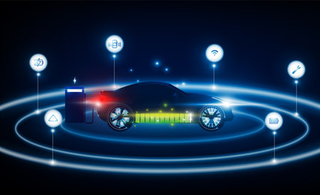 Abstract Electric car charging at charge station Light out technology high speed Hitech communication concept innovation background,  vector designのイラスト素材