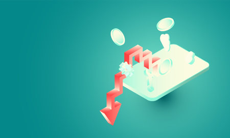 Mobile Social media Bitcoin monitoring falling graph concept in isometric background vector design.のイラスト素材