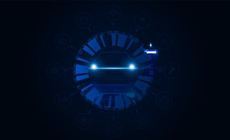 Abstract Light out Electric car at charging station. Hitech communication concept innovation background vector design.のイラスト素材