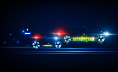 Abstract electric motorcycle and car charging at charge station Light out technology high speed Hitech communication concept innovation background,  vector designのイラスト素材