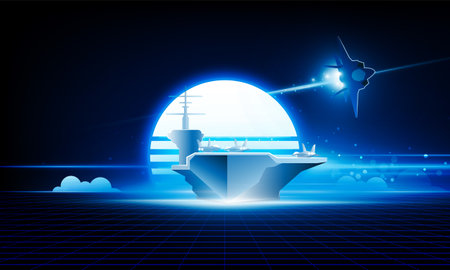 High speed concept. Aircraft carrier Fighter jet in the form of Arrow Light out sunset of technology background Hitech communication concept innovation background, vector designのイラスト素材
