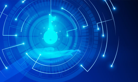 Abstract technology Hitech communication concept of private key in digital world, polygon hand holding futuristic key vector design.のイラスト素材