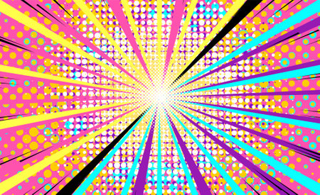 Bright sunbeams background with colorful dots. Abstract background with halftone dots design.Disco party banner. Retro music poster, 90s radio and tape cassette player funky colorful design.のイラスト素材