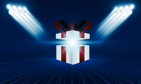 Abstract Bright stadium lights open gift box with merry christmas bright rays of light and blue mystery box with lighting glitter on dark background. vector illustrationのイラスト素材