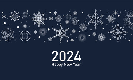 Merry Christmas and Happy New Year festive design with border made of beautiful snoflakes in modern line art style. Winter blue background with falling snow and firework. Xmas decoration.のイラスト素材