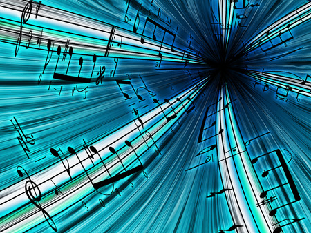 On a blue background music intertwined in different directionsの写真素材