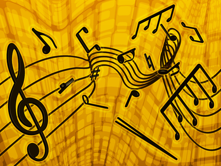 on a yellow background shows the musical notes scattered in a chaotic mannerの写真素材