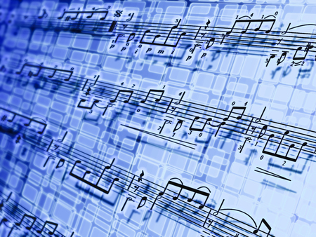 picture with blue background shows musical notes approaching from afarの写真素材