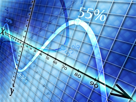 on a blue background shows a graph with curves showing the profit and lossの写真素材