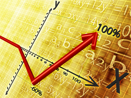 on a yellow background shows a graph and the red arrows show the riseの写真素材