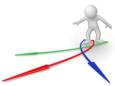 before a man colored arrows show in different directionsの写真素材