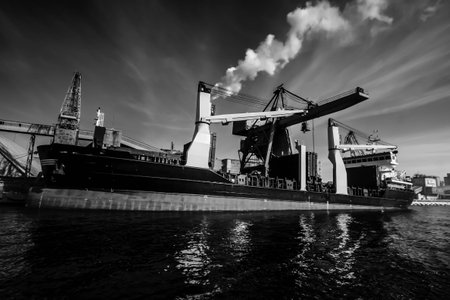Gdansk shipyard, Poland. Retro style black and white. Cranes, old shipyard buildings, rusty structures.の写真素材