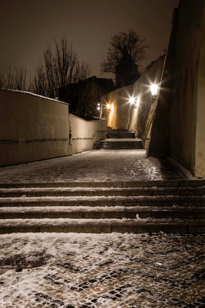 Romantic view of the night city of Prague in winter. Prague, Czech Republicの写真素材