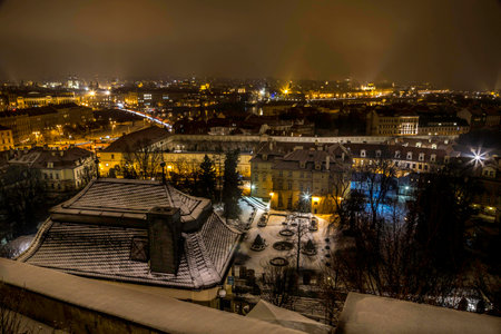 Romantic view of the night city of Prague in winter. Prague, Czech Republicの写真素材