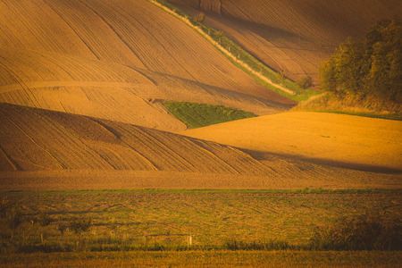 Autumn picturesque rolling countryside of South Moravian fields and vineyards, called Moravian...