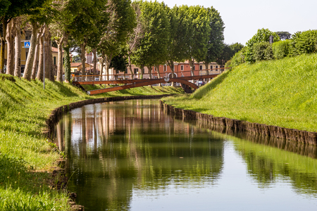 Water canal under the walls of the city of Cittadella, Padua province, Italyのeditorial素材