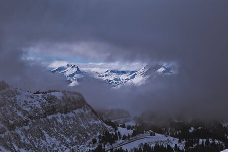 Snowy winter French Alps, ski resort Flaine, Grand Massif area within sight of Mont Blanc, Haute...