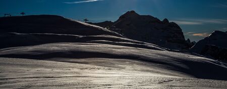 Snowy winter French Alps, ski resort Flaine, Grand Massif area within sight of Mont Blanc, Haute Savoie, Franceの写真素材