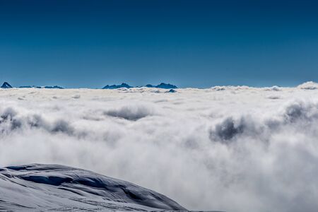 Snowy winter French Alps, ski resort Flaine, Grand Massif area within sight of Mont Blanc, Haute Savoie, Franceの写真素材