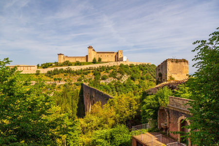 Spoleto, Ponte delle Torri roman bridge and Rocca Albornoziana medieval fortress. Umbria region,...