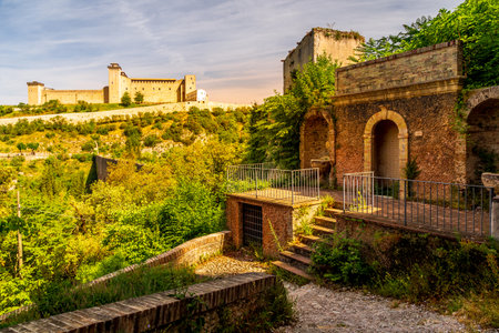 Spoleto, Ponte delle Torri roman bridge and Rocca Albornoziana medieval fortress. Umbria region, Italy, Europe.の写真素材