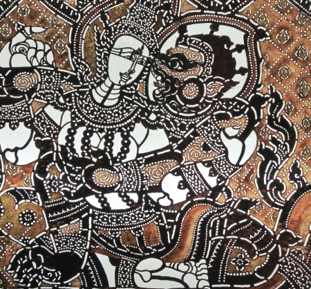 RATCHBURI, THAILAND - APRIL 13  Thai shadow play puppet is on display at Wat Khanon on April 13, 2011 in Ratchburi, Thailand  The puppet was made of cowhide depicting Intrachit Chariot from Ramayana のeditorial素材