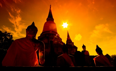 sunset old Temple Wat Yai Chai Mongkhon of Ayuthaya Province Thailandの写真素材