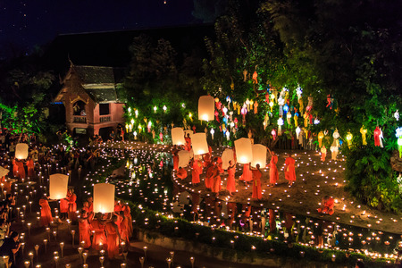 CHIANG MAI THAILAND-NOVEMBER 17   Loy Krathong festival in Chiangmai Tradition al monk Lights floating balloon made of paper annually at Wat Phan Tao temple on November 17,2013 in Chiangmai,Thailand のeditorial素材