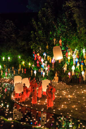 CHIANG MAI THAILAND-NOVEMBER 17   Loy Krathong festival in Chiangmai Tradition al monk Lights floating balloon made of paper annually at Wat Phan Tao temple on November 17,2013 in Chiangmai,Thailand のeditorial素材