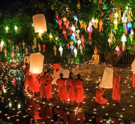 CHIANG MAI THAILAND-NOVEMBER 17   Loy Krathong festival in Chiangmai Tradition al monk Lights floating balloon made of paper annually at Wat Phan Tao temple on November 17,2013 in Chiangmai,Thailand のeditorial素材