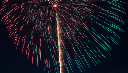 Beautiful colorful holiday fireworks on the black sky background の写真素材