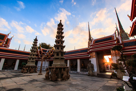 Sunset twilight Buddhist temple, Wat Pho in Bangkok ,Asia Thailandの写真素材