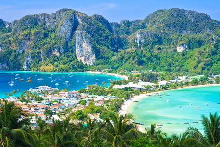 View tropical island with resorts - Phi-Phi island, Krabi province asia thailand の写真素材