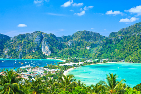 View tropical island with resorts - Phi-Phi island, Krabi province asia thailand の写真素材