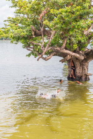U Bein Bridge, Myanmar-Aug 26th, 2014: Myanmar children were playing by jumping from the tree at the river near U Bein Bridge where is the oldest and longest teak wooden bridge in the world.のeditorial素材