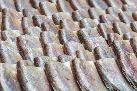Dried fishs of local food at open market (Snakeskin gourami)の写真素材