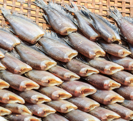 Dried fishs of local food at open market (Snakeskin gourami)の写真素材