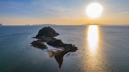 Sunset view on an island in the middle of the sea in Trang Province, southern Thailand