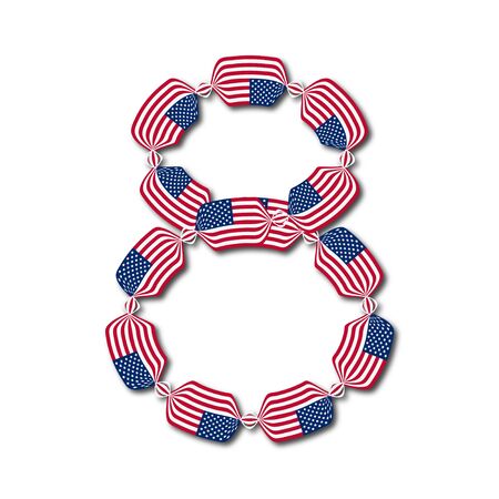 Number 8 made of USA flags in form of candies on white background,  Illustration のイラスト素材