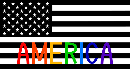 Flag of the United States in black and white colors with the word America in rainbow colorsのイラスト素材
