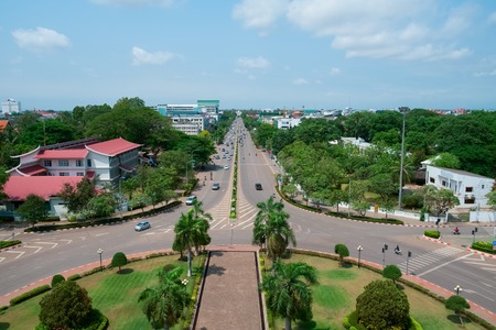 Aerial view of Vientiane from Patuxai Monument, Laos, Southeast Asiaの写真素材