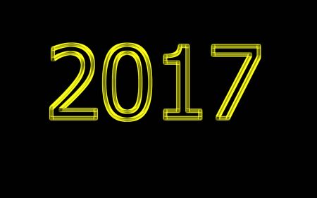 Neon golden numbers 2017 on black background. Greeting card. Happy new year 2017