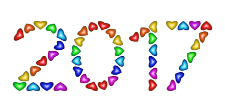 New Year 2017 made from multicolored hearts isolated on white background. Numbers of year 2017....