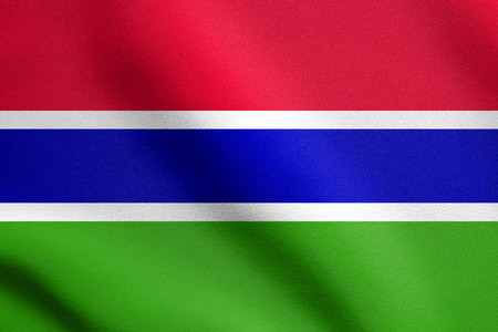 Gambian national official flag. African patriotic symbol, banner, element, background. Flag of the Gambia waving in the wind with detailed fabric textureの写真素材
