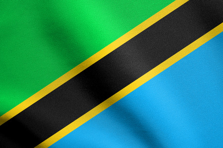 Tanzanian national official flag. African patriotic symbol, banner, element, background. Flag of Tanzania waving in the wind with detailed fabric textureの写真素材