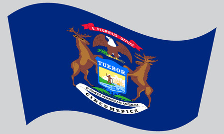 Michiganian official flag, symbol. American patriotic element. USA banner. United States of America background. Flag of the US state of Michigan waving on gray background, vectorのイラスト素材