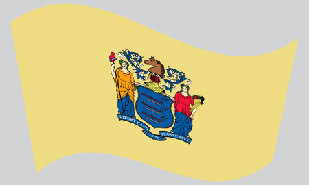New Jerseyan official flag, symbol. American patriotic element. USA banner. United States of America background. Flag of the US state of New Jersey waving on gray background, vectorのイラスト素材