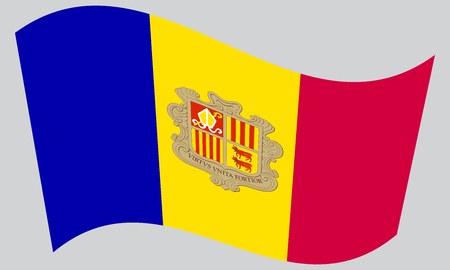 Andorran national official flag. Patriotic symbol, banner, element, background. Correct colors. Flag of Andorra waving on gray background, vectorのイラスト素材