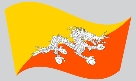 Bhutanese national official flag. Patriotic symbol, banner, element, background. Correct colors. Flag of Bhutan waving on gray background, vectorのイラスト素材