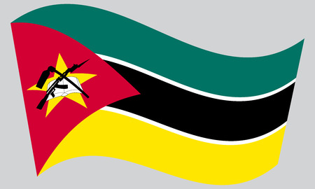 Mozambican national official flag. African patriotic symbol, banner, element, background. Correct colors. Flag of Mozambique waving on gray background, vectorのイラスト素材